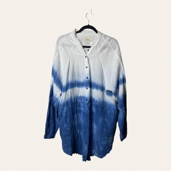 1067. FANTASTIC FAWN TAKE IT EASY BLUE TIE DUE BUTTON DOWN TOP SIZE LARGE OVER - Picture 2 of 11